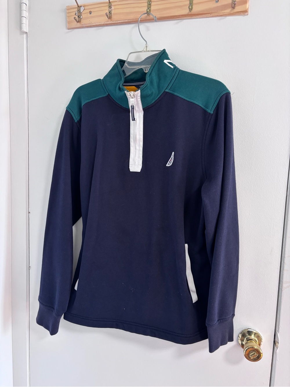 Nautica Men's Navy Pullover with Teal Shoulder Yoke and White Zip Placket
